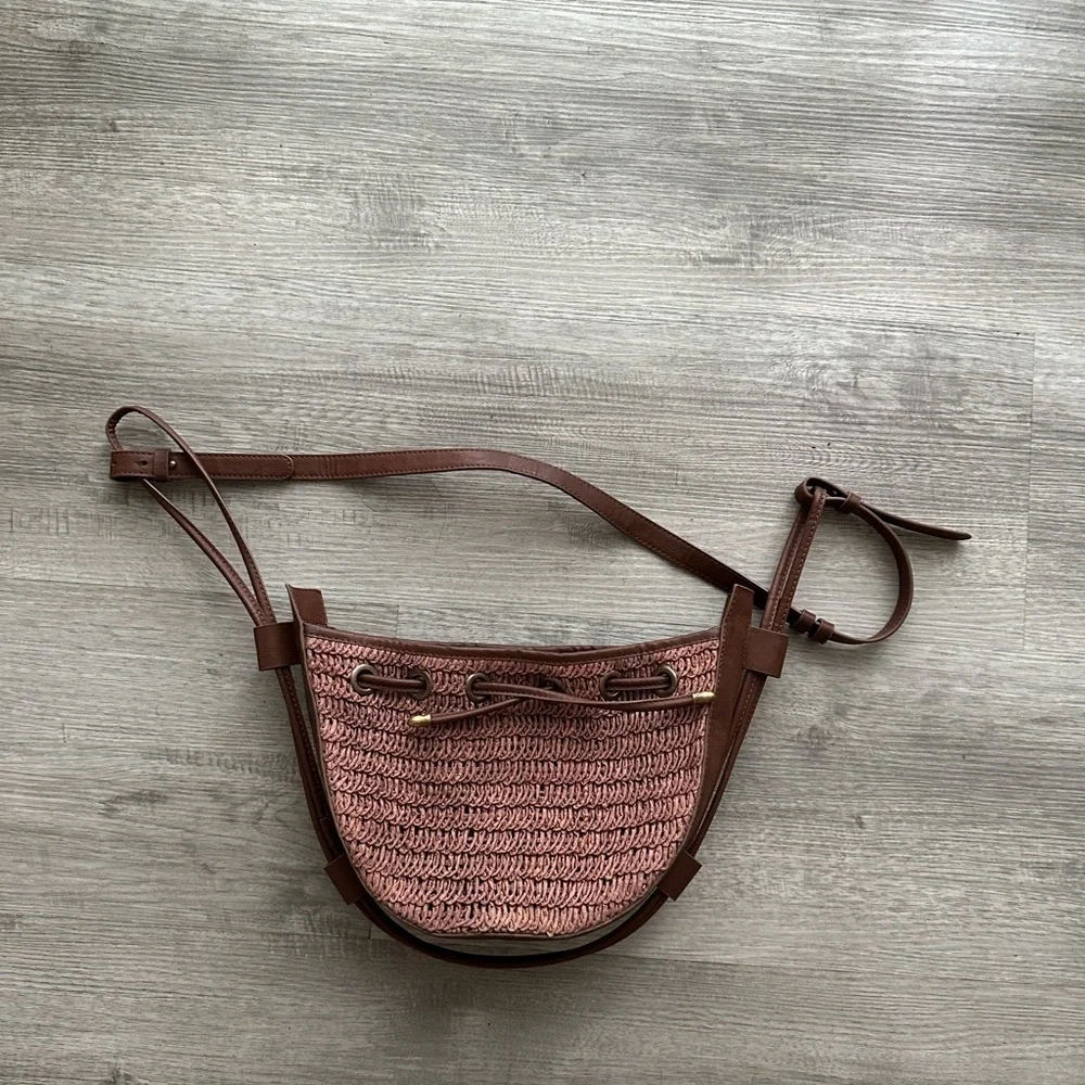 FREE PEOPLE VINTAGE CABANA WOVEN DRAWSTRING VEGAN LEATHER CROSSBODY BAG